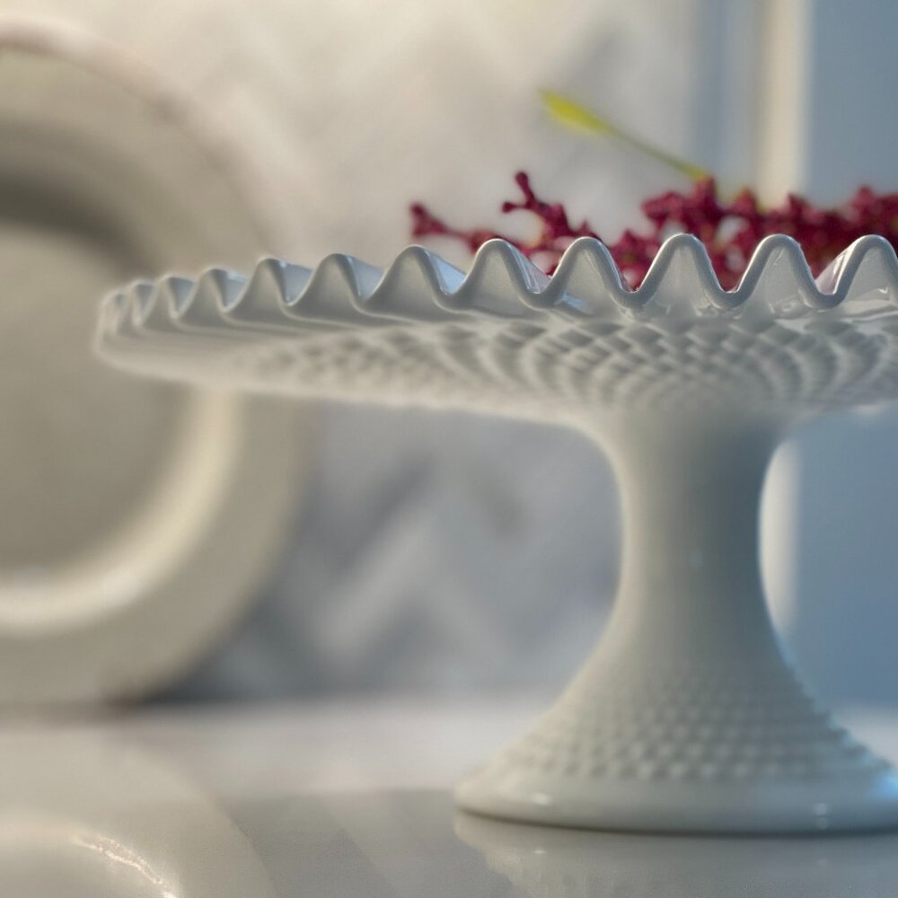 Vintage Fenton Hobnail Milk Glass Pedestal Stand Cake Plate -Large